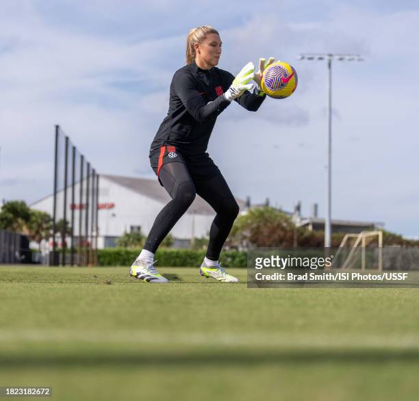 Casey Murphy of the United States makes a save during USWNT training at Florida Blue Training Center on November 30, 2023 in Fort Lauderdale, Florida.