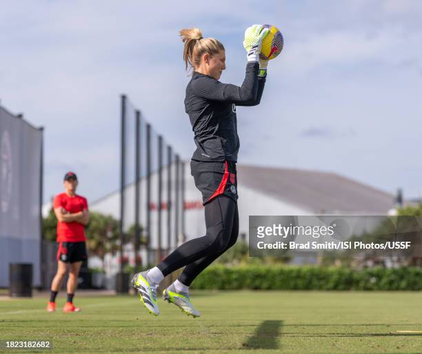 Casey Murphy of the United States makes a save during USWNT training at Florida Blue Training Center on November 30, 2023 in Fort Lauderdale, Florida.