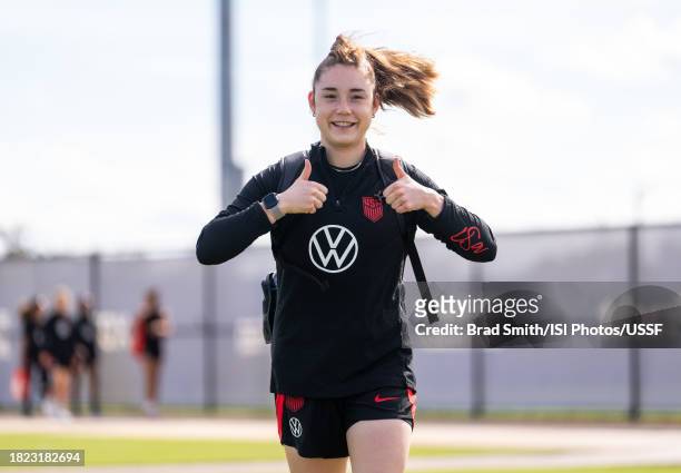 Olivia Moultrie of the United States arrives at the field before USWNT training at Florida Blue Training Center on November 30, 2023 in Fort...