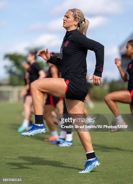 Lindsey Horan of the United States warms up during USWNT training at Florida Blue Training Center on November 30, 2023 in Fort Lauderdale, Florida.
