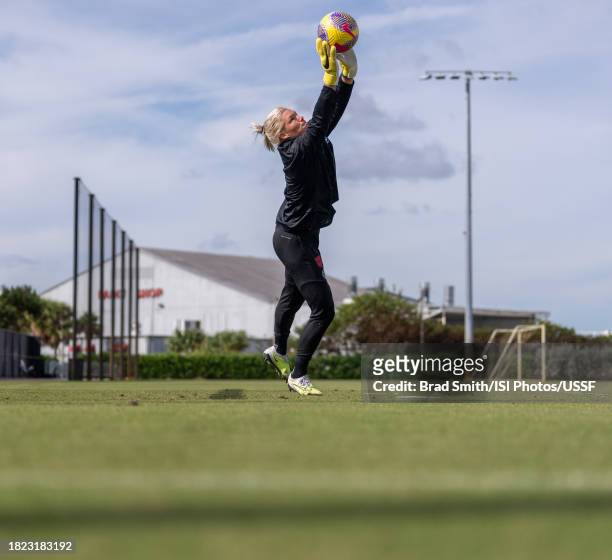 Jane Campbell of the United States makes a save during USWNT training at Florida Blue Training Center on November 30, 2023 in Fort Lauderdale,...