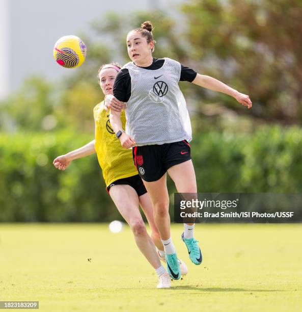 Rose Lavelle defends Olivia Moultrie of the United States during USWNT training at Florida Blue Training Center on November 30, 2023 in Fort...