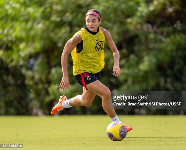 Sophia Smith of the United States dribbles during USWNT training at Florida Blue Training Center on November 30, 2023 in Fort Lauderdale, Florida.