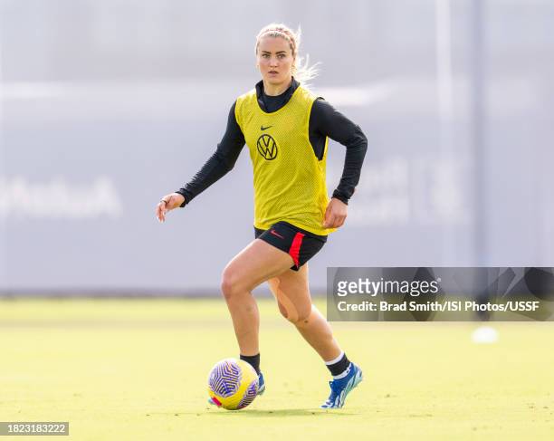 Lindsey Horan of the United States dribbles during USWNT training at Florida Blue Training Center on November 30, 2023 in Fort Lauderdale, Florida.
