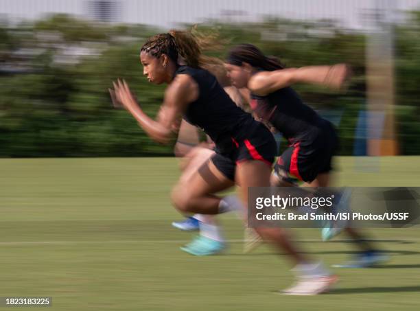 Margaret Purce of the United States sprints during USWNT training at Florida Blue Training Center on November 30, 2023 in Fort Lauderdale, Florida.