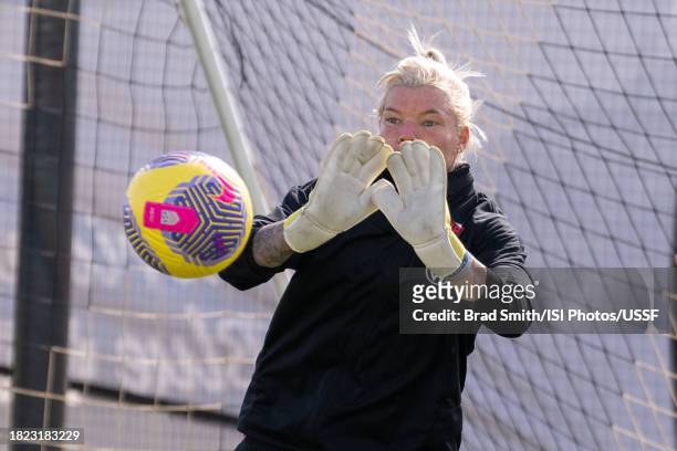 Jane Campbell of the United States makes a save during USWNT training at Florida Blue Training Center on November 30, 2023 in Fort Lauderdale,...