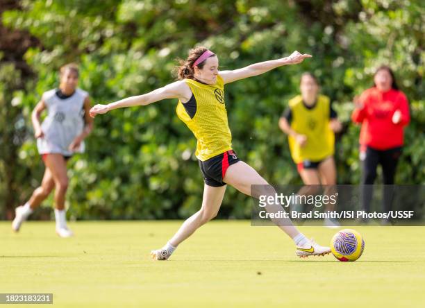 Rose Lavelle of the United States dribbles during USWNT training at Florida Blue Training Center on November 30, 2023 in Fort Lauderdale, Florida.