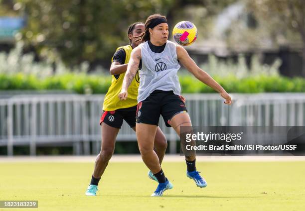 Mia Fishel of the United States controls the ball during USWNT training at Florida Blue Training Center on November 30, 2023 in Fort Lauderdale,...