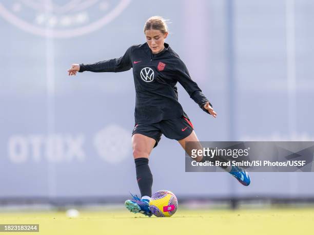 Abby Dahlkemper of the United States crosses the ball during USWNT training at Florida Blue Training Center on November 30, 2023 in Fort Lauderdale,...