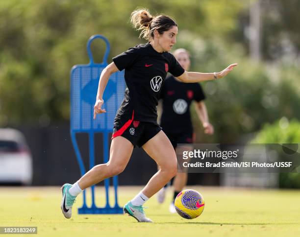 Savannah DeMelo of the United States dribbles during USWNT training at Florida Blue Training Center on November 30, 2023 in Fort Lauderdale, Florida.
