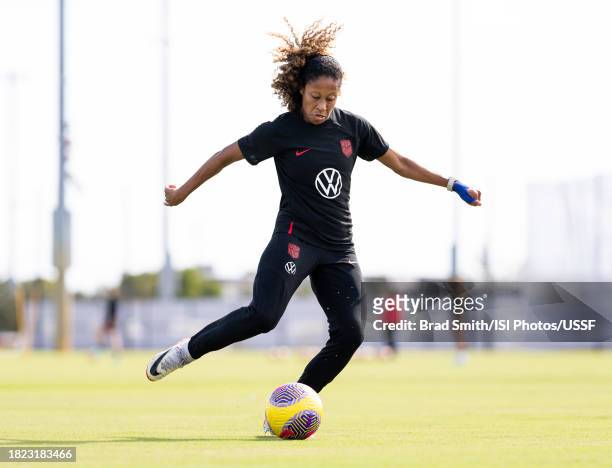Casey Krueger of the United States passes the ball during USWNT training at Florida Blue Training Center on November 30, 2023 in Fort Lauderdale,...