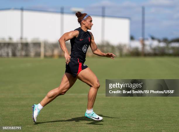 Lynn Williams of the United States sprints during USWNT training at Florida Blue Training Center on November 30, 2023 in Fort Lauderdale, Florida.