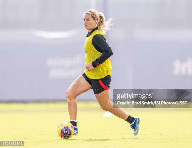 Lindsey Horan of the United States dribbles during USWNT training at Florida Blue Training Center on November 30, 2023 in Fort Lauderdale, Florida.
