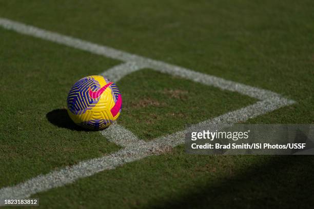 Nike soccer ball sits on the field during USWNT training at Florida Blue Training Center on November 30, 2023 in Fort Lauderdale, Florida.