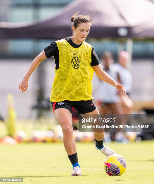 Emily Fox of the United States dribbles during USWNT training at Florida Blue Training Center on November 30, 2023 in Fort Lauderdale, Florida.
