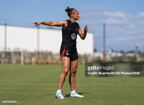 Lynn Williams of the United States talks to her coaches during USWNT training at Florida Blue Training Center on November 30, 2023 in Fort...