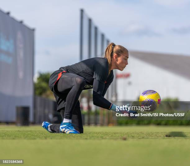 Aubrey Kingsbury of the United States makes a save during USWNT training at Florida Blue Training Center on November 30, 2023 in Fort Lauderdale,...
