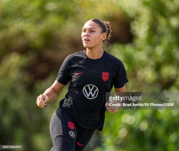 Trinity Rodman of the United States looks to the ball during USWNT training at Florida Blue Training Center on November 30, 2023 in Fort Lauderdale,...