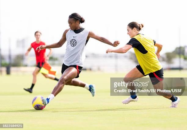 Jaedyn Shaw of the United States crosses the ball during USWNT training at Florida Blue Training Center on November 30, 2023 in Fort Lauderdale,...