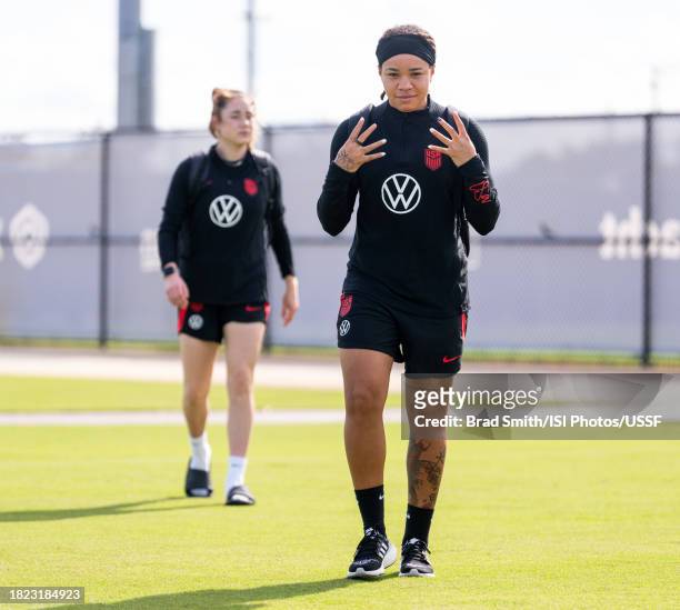 Mia Fishel of the United States arrives at the field before USWNT training at Florida Blue Training Center on November 30, 2023 in Fort Lauderdale,...