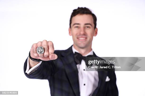 Detail view of the 2023 NASCAR Cup Series Champion ring of Ryan Blaney, during a photo shoot prior to the NASCAR Awards and Champion Celebration at...