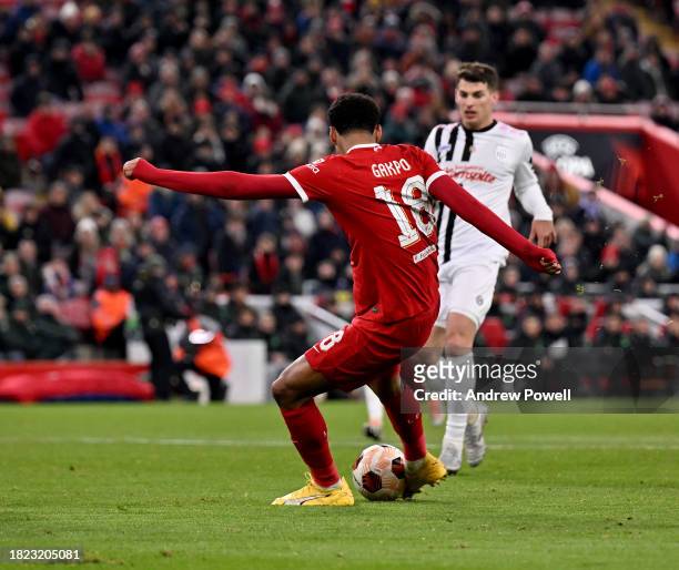 Cody Gakpo of Liverpool scoring the fourth goal making the score 4-0 during the Group E UEFA Europa League match between Liverpool FC and LASK at...