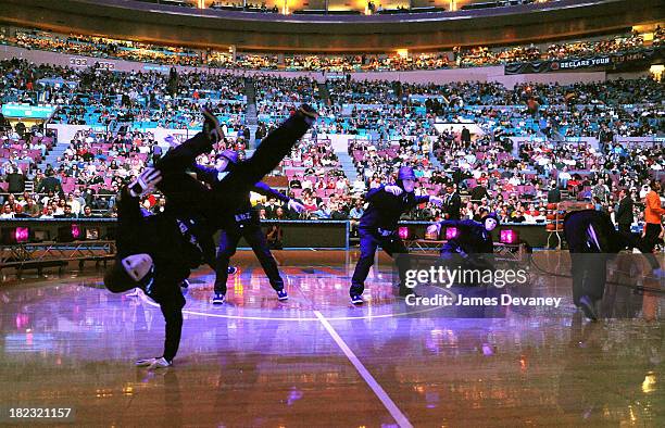 The dance crew JabbaWockeeZ perform a halftime show at the Philadelphia 76ers game against the New York Knicks at Madison Square Garden on October...