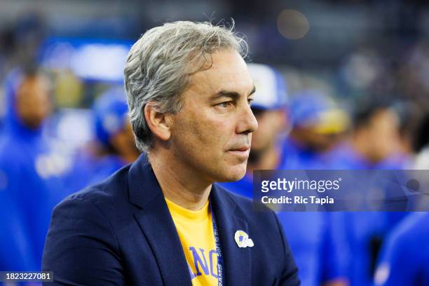 Chief operating officer Kevin Demoff of the Los Angeles Rams looks on from the sideline during a game against the Cleveland Browns at SoFi Stadium on...