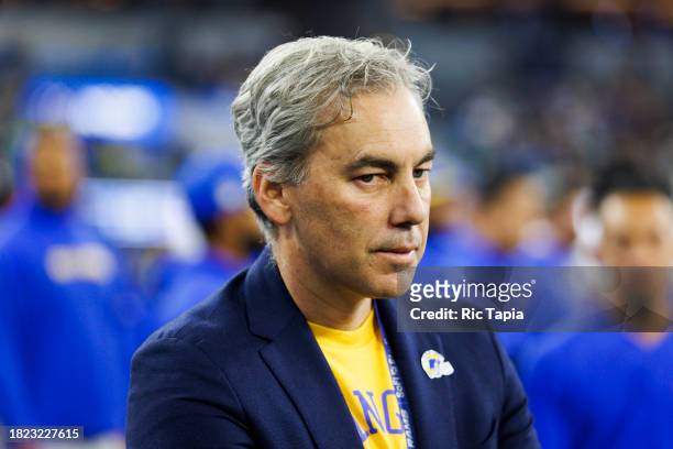 Chief operating officer Kevin Demoff of the Los Angeles Rams looks on from the sideline during a game against the Cleveland Browns at SoFi Stadium on...