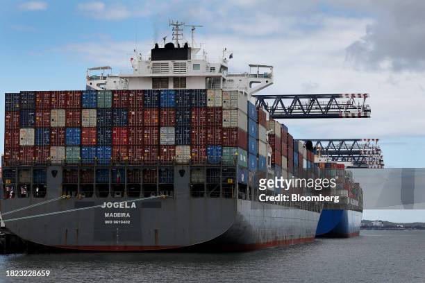 The Jogela container ship at the Port Botany container terminal in Sydney, Australia, on Monday, Dec. 4, 2023. Australia is scheduled to release...