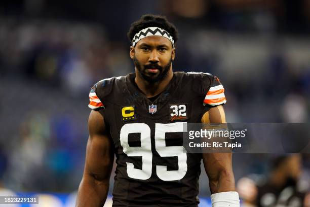 Myles Garrett of the Cleveland Browns walks off the field during a game against the Los Angeles Rams at SoFi Stadium on December 03, 2023 in...