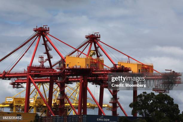 Cranes and containers at the Port Botany container terminal in Sydney, Australia, on Monday, Dec. 4, 2023. Australia is scheduled to release trade...