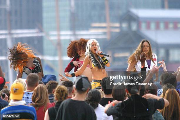 Christina Aguilera during Christina Aguilera Performs at the Brooklyn Bridge at Empire Fulton State Park in Brooklyn, New York, United States.