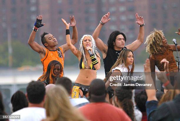 Christina Aguilera during Christina Aguilera Performs at the Brooklyn Bridge at Empire Fulton State Park in Brooklyn, New York, United States.