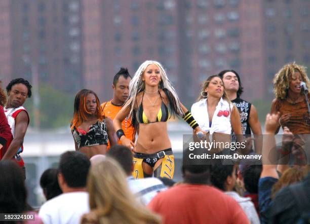 Christina Aguilera during Christina Aguilera Performs at the Brooklyn Bridge at Empire Fulton State Park in Brooklyn, New York, United States.