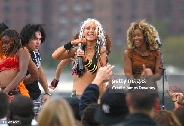 Christina Aguilera during Christina Aguilera Performs at the Brooklyn Bridge at Empire Fulton State Park in Brooklyn, New York, United States.