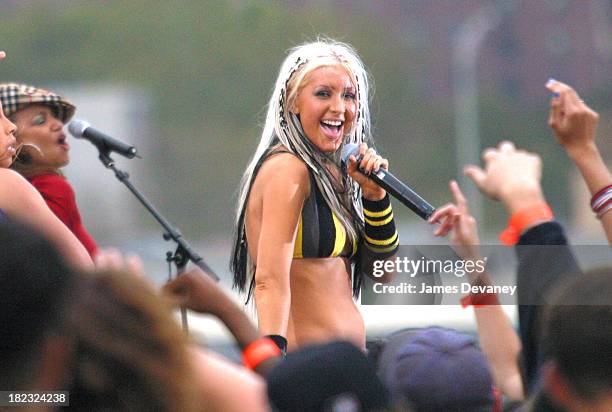 Christina Aguilera during Christina Aguilera Performs at the Brooklyn Bridge at Empire Fulton State Park in Brooklyn, New York, United States.