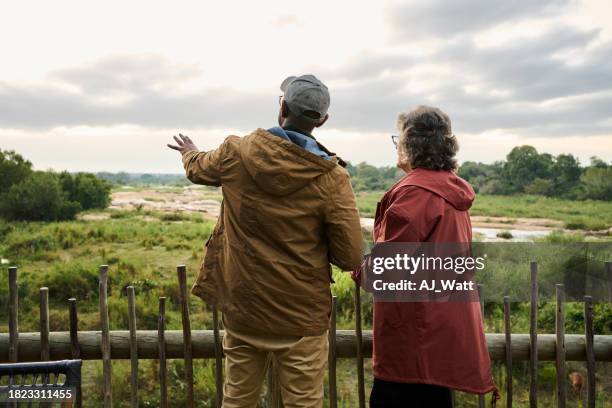 guide and a women standing on an observation deck in a wildlife reserve - indian tour guide stock pictures, royalty-free photos & images