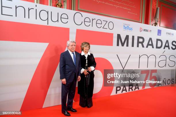 Enrique Cerezo and Maria Jesus de Frutos attend the book presentation photocall of "Cerezo 75 Miradas Y Mas Para 75 Años" at Hotel Westin Palace on...