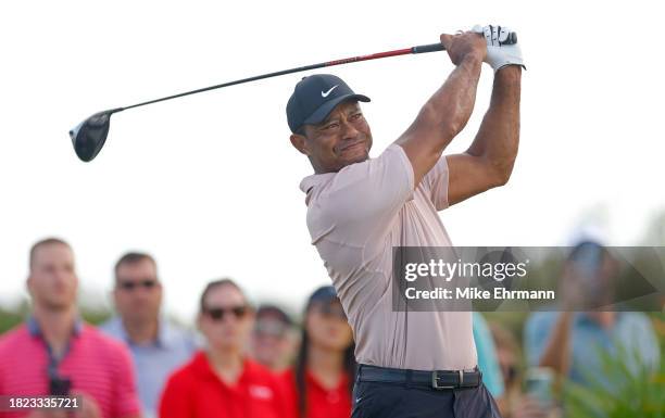 Tiger Woods of the United States plays his shot from the 15th tee during the first round of the Hero World Challenge at Albany Golf Course on...