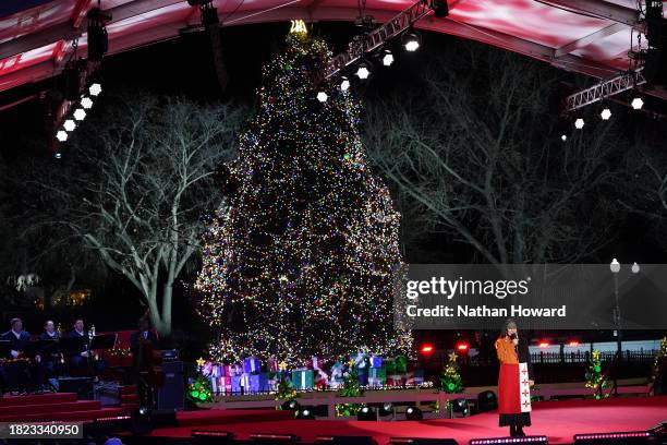 Interior Secretary Deb Haaland speaks during the Lighting Ceremony of the National Christmas Tree in President's Park in the Ellipse of the White...