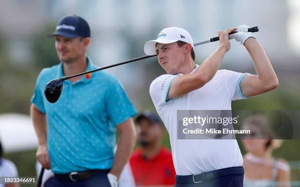 Matthew Fitzpatrick of England plays his shot from the 14th tee during the first round of the Hero World Challenge at Albany Golf Course on November...