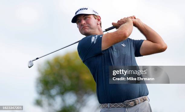 Lucas Glover of the United States plays his shot from the 17th tee during the first round of the Hero World Challenge at Albany Golf Course on...