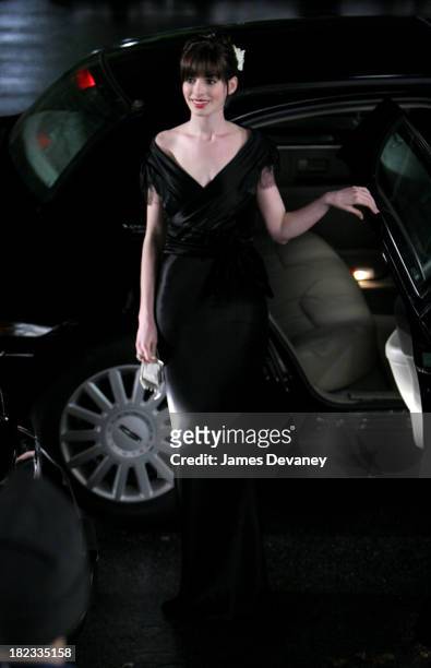 Anne Hathaway during Anne Hathaway on Location for The Devil Wears Prada - October 26, 2005 at The Museum of Natural History in New York City, New...