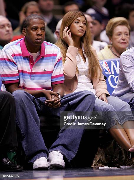 Jay-Z and Beyonce Knowles during Celebrities Attend Miami Heat vs New Jersey Nets Playoff Game - May 14, 2006 at Continental Arena in East...