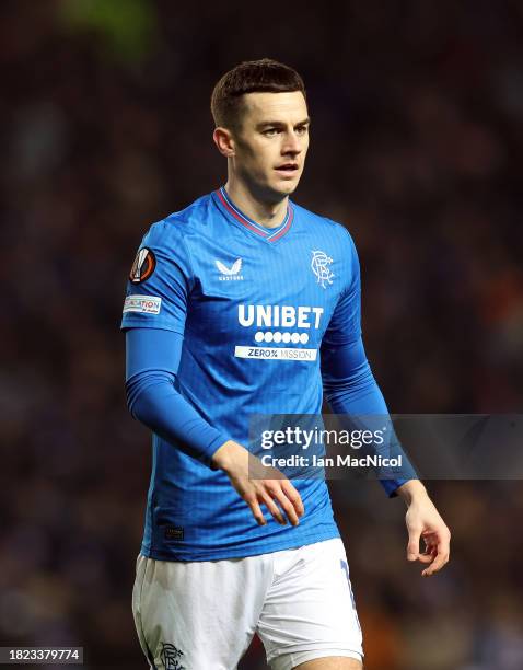 Tom Lawrence of Rangers is seen during the UEFA Europa League match between Rangers FC and Aris Limassol FC at Ibrox Stadium on November 30, 2023 in...