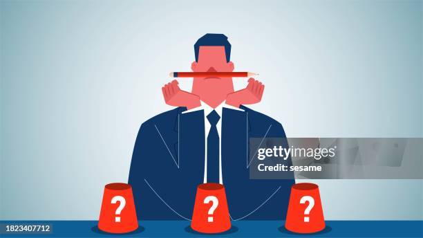 choice, thinking and decision making, doubting confusion and thinking about making the best decision, businessman thinking about which of the three cups in front of him should be chosen - choose path stock illustrations