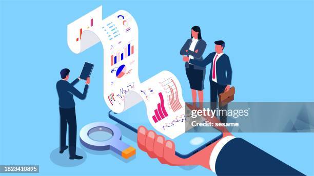 annual business bill or financial report inquiries, consumer bill inquiries, income management and analysis, etc. distance merchants check their personal bills and data reports on their smartphones - financial literacy stock illustrations