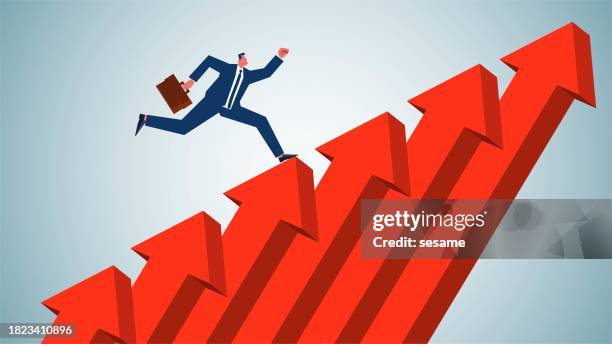 achievement of personal professional or business goals and accomplishments, ladder of success, progress or improvement, businessman running along an upward arrow - reaching higher stock illustrations