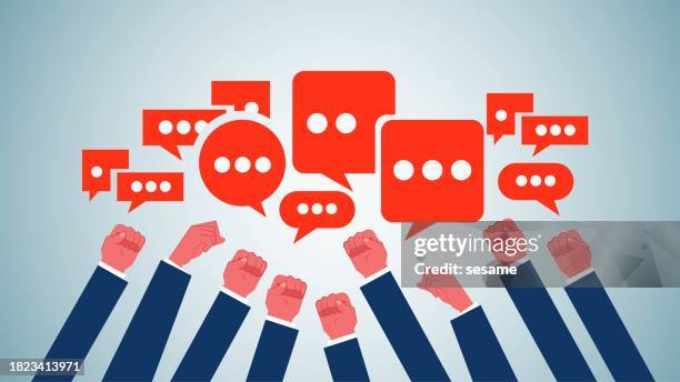 stockillustraties, clipart, cartoons en iconen met oaths and declarations, revolutions or insurrections, credits and beliefs, determination and motivation, countless clenched and shouted fists and speech bubbles - bazig